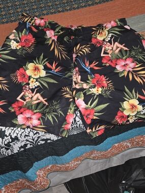 LRG Black Tropical Floral Swim Trunks with Red & Yellow Accents